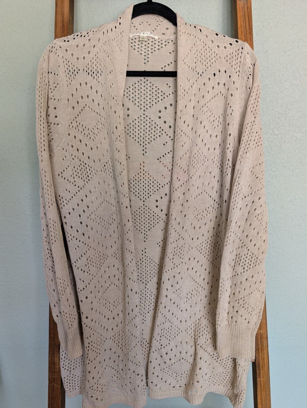 Cyrus Pointelle Knit Cardigan Size Large Creamy Lightweight Diamond Knit Sweater